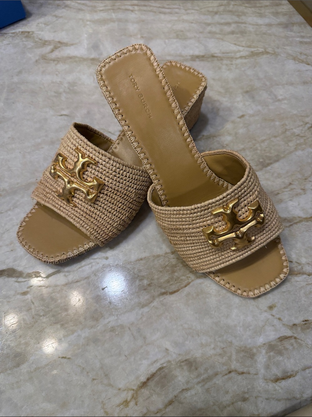 Tory Burch Tan Raffia Slide Mules with Gold Logo